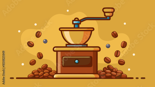 A coffee grinder with a lot of coffee beans on the ground. The coffee beans are scattered all over the ground, and the grinder is surrounded by them