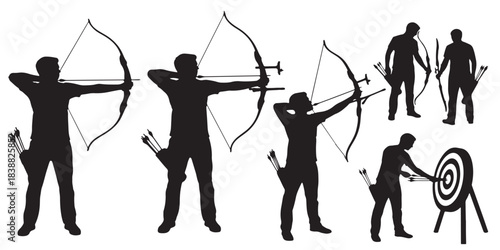 Collection of silhouettes of archers aiming and shooting bows and arrows at a target.