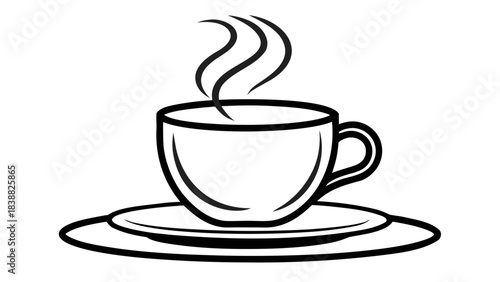 A cup of coffee is on a white plate. The steam from the coffee is rising up and filling the space around the cup