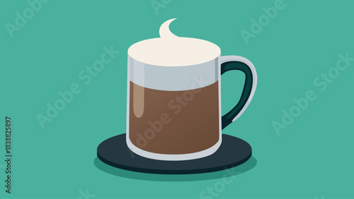 A cup of coffee with a white foam on top. The coffee is served in a clear glass mug