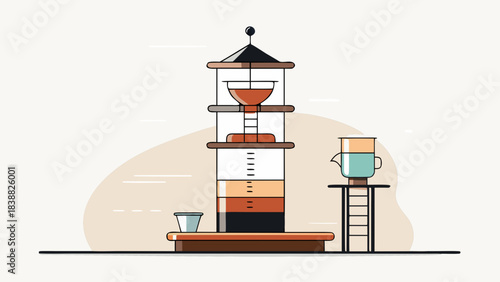 A tall tower with a large container on top. The container is filled with a liquid. There is a ladder leading up to the container