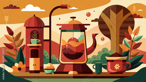 A colorful drawing of a coffee shop with a coffee maker, a cup, and a mug. The coffee maker is on a table next to a tree