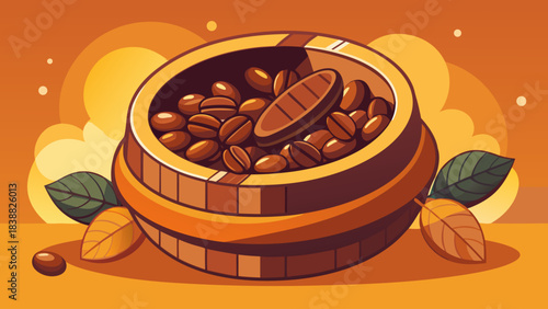A bowl of coffee beans is on a table with leaves. The bowl is wooden and has a brown color