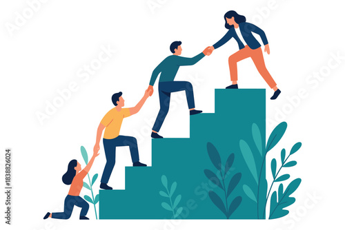 Team of people helping each other climb upward steps showing cooperation, support and progress in nature background, flat vector illustration