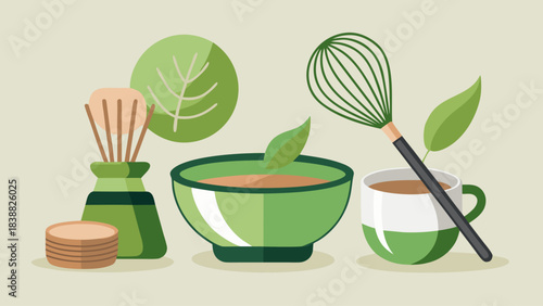A green bowl with a whisk and a tea cup with a black handle. The bowl is filled with a green liquid