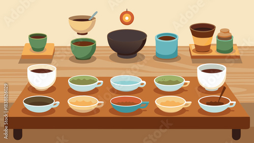 A table with many different types of cups and bowls. The table is wooden and has a variety of colors and shapes