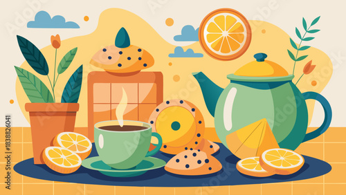 A colorful drawing of a table with a teapot, a cup, a cookie, and a plate of oranges