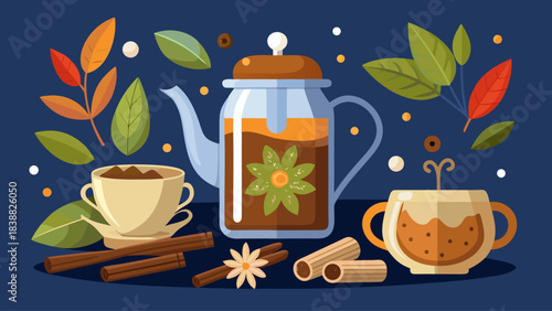 A blue background with a tea pot, cups, and spices. The tea pot is filled with tea and has a flower on top. There are also two cups, one on the left and one on the right. The spices include cinnamon