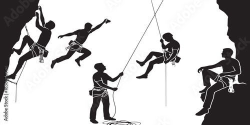 Silhouette illustrations of rock climbers in various poses, demonstrating climbing and rappelling techniques on a cliff face.