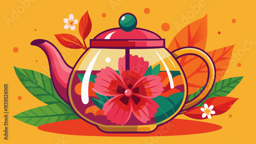 A colorful tea pot with a flower on top. The flower is pink and surrounded by green leaves. The pot is placed on a yellow background