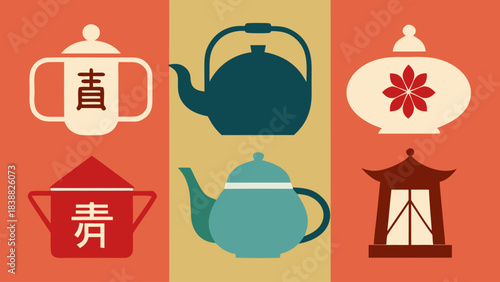 A collection of teapots and teacups with Asian writing on them. The teapots and teacups are arranged in a row, with some of them being larger than others