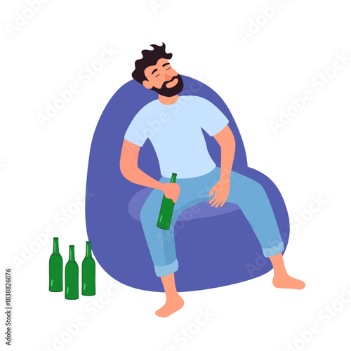 Drunk man sleeping on sofa. Alcohol bottles on the floor. Alcohol addiction.