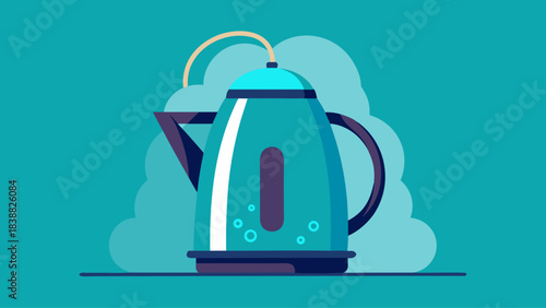 A blue tea kettle with steam coming out of it. The steam is white and the kettle is sitting on a blue background