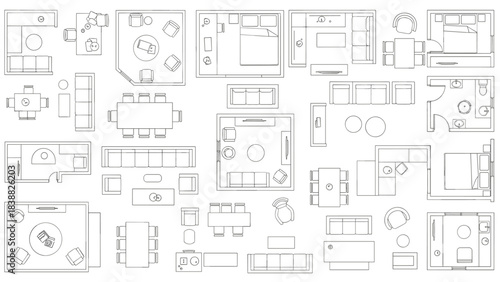 Dining Room Furniture Plan View Vectors, Round and Oval Table Sets with Chairs, Architectural Floor Plan Layout Symbols