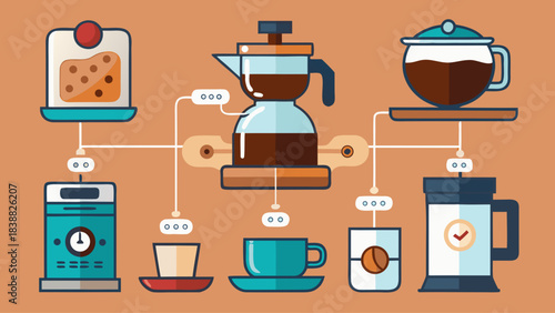 A coffee maker is shown with a timer and a cup. The coffee maker is connected to a coffee pot, which is connected to a coffee maker