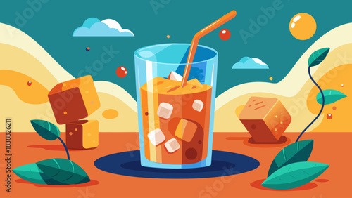 A glass of iced tea with a straw in it. The glass is half full and the straw is in the middle of the glass. There are also some cubes in the glass