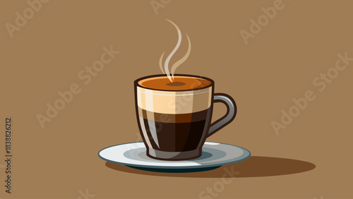 A coffee cup with steam rising from it sits on a white plate. The cup is filled with a dark brown liquid, and the steam rising from it gives the impression of warmth and comfort
