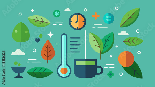 A green background with a clock and a thermometer. The clock is on the left side of the image and the thermometer is on the right side. There are also some leaves