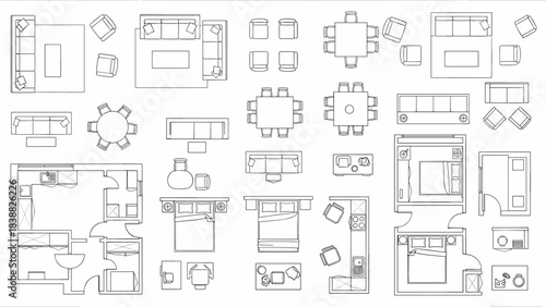 floor plan furniture symbol, top view, vector outline, black on white, technical drawing, architectural cad block style, clean geometry, no shading