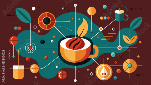A colorful drawing of a cup of coffee with a leaf on top. The image is abstract and has a futuristic feel to it