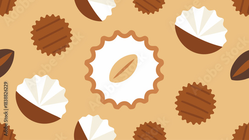 A pattern of cookies and nuts with a white circle in the middle. The cookies are brown and the nuts are brown and white