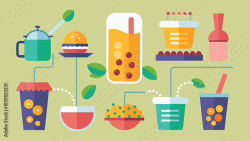 A cartoon of food and drinks with a green background. The food and drinks are arranged in a line, with a cup of tea in the middle