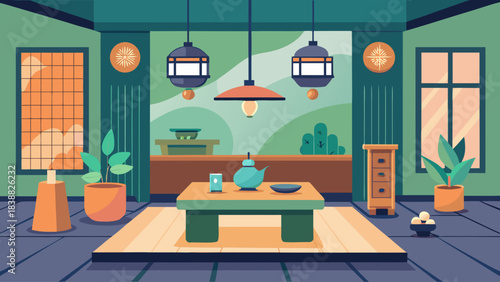 A room with a green color theme and a lot of plants. The room has a table with a tea set on it