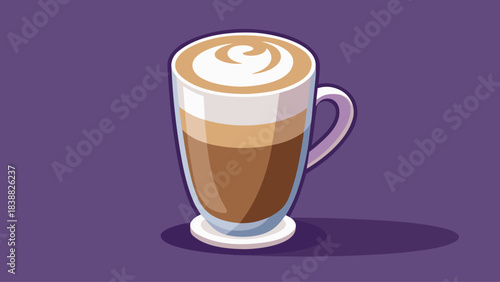 A cup of coffee with a white foam on top. The cup is made of glass and is sitting on a table