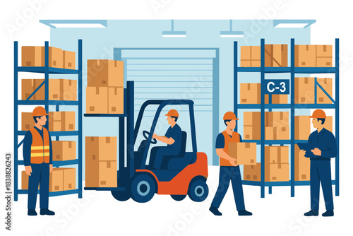 Warehouse workers operating forklift and organizing boxes on storage shelves in logistics facility, flat vector illustration