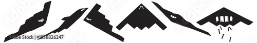 Silhouette collection of stealth bomber aircraft in various flight positions and angles.