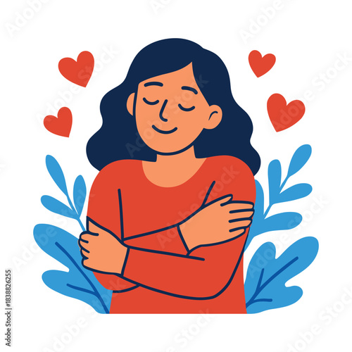 Woman expressing positive emotion with self hug surrounded by hearts and decorative leaves showing self love and wellbeing, flat vector illustration