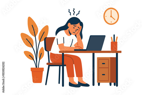 Woman feeling stressed and overwhelmed while working on laptop at desk in home office environment, flat vector illustration