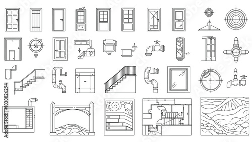 Architectural Door and Window Plan Symbols, Construction Blueprint Elements, Sliding and Swing Door Vector Icons.
