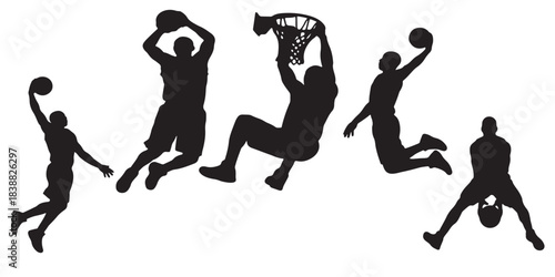 Collection of dynamic silhouettes of basketball players performing various actions like dunking and shooting.
