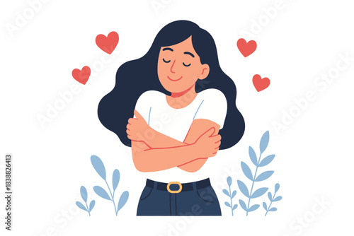 Woman hugging herself with hearts around showing self love positivity and emotional wellbeing, flat vector illustration