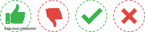 Four colorful icons representing approval disapproval correctness and incorrectness in dotted frames