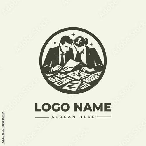 Business Meeting Illustration Vector Logo Engraving Design in Circular Frame with Two Professionals Discussing Documents