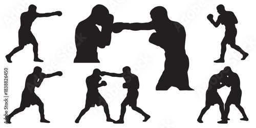 Collection of Silhouettes of Boxers in Various Fighting Poses and Actions.