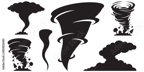 Collection of black silhouette icons representing different types of tornadoes and storm clouds.