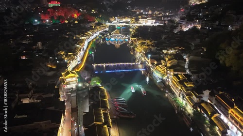 Night aerial view of Fenghuang Ancient Town(Phoenix Ancient Town, 凤凰古城), Hunan, China