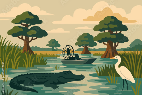 Florida Everglades Style Wetland Landscape Flat Vector