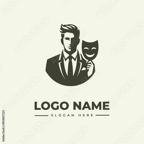 Vector logo illustration of a businessman holding a theatrical mask, engraving style, graphic design, minimalistic concept, front view