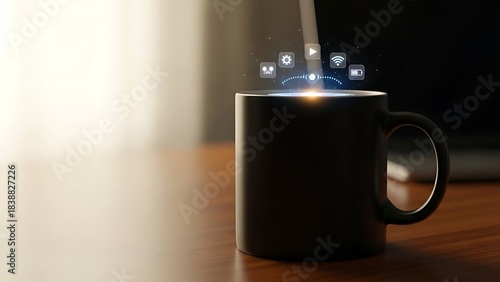 Digital connection and energy emanate from a steaming black coffee mug.