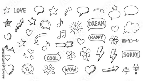 Hand-Drawn Doodle Elements: Hearts, Stars, Speech Bubbles, and Arrows Set