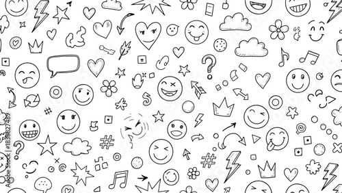 Seamless Pattern of Hand-Drawn Doodles, Emoticons, Hearts, and Lightning Bolts
