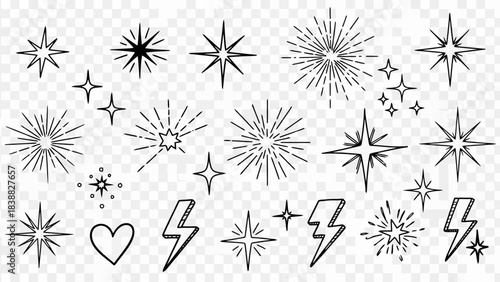 Hand-drawn Sparkling Stars, Lightning Bolts, and Heart Symbols Vector Set