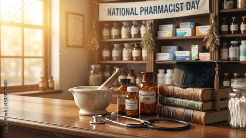 A warm, sunlit pharmacy counter showcases essential tools like a mortar and pestle, a stethoscope, academic books, and a graduation cap. This powerful imagery symbolizes deep medical knowledge, profes