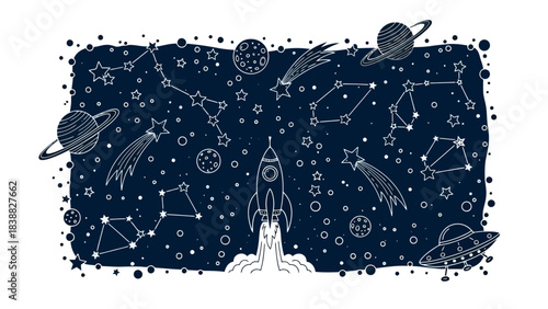 Charming Hand-Drawn Space Galaxy with Planets, Stars, and Rocket Ship Illustrations