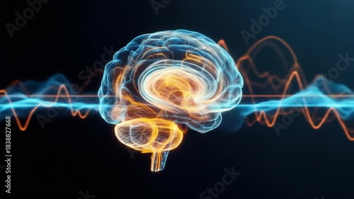 Wallpaper Mural Transparent brain image with blue and orange sine wave data streams against a black background Torontodigital.ca