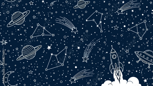 Seamless Space Pattern: Stars, Planets, Rockets, and UFOs on Dark Blue Background